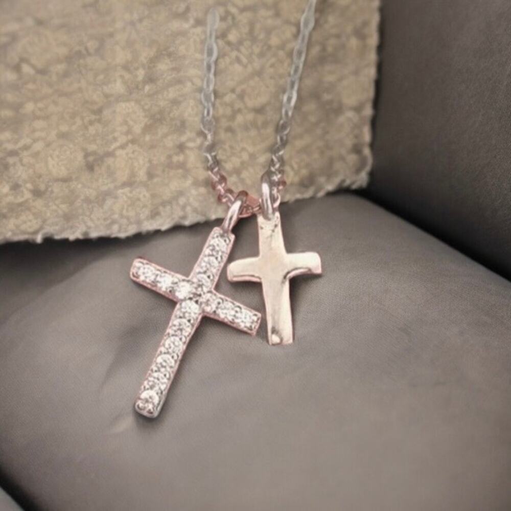NEW 925 sterling silver double Cross Christian CZ chain necklace jewelry B22B